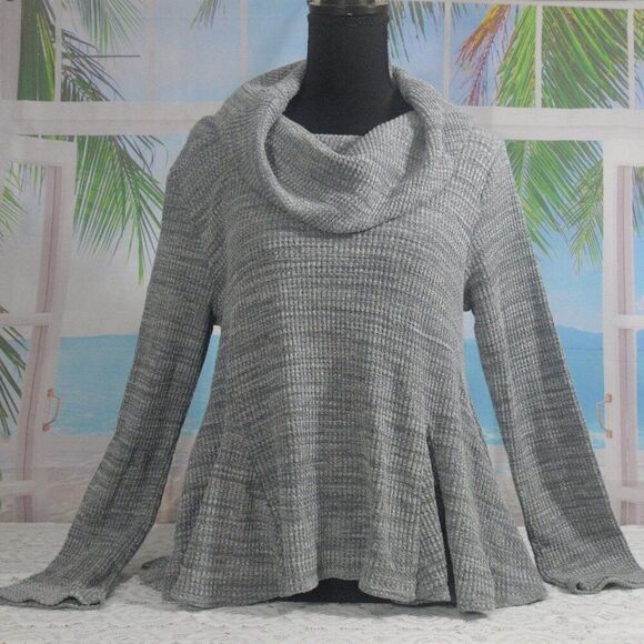 Anthropologie Sweaters - Anthropologie Postmark Grey Cowl Neck Waffle Knit Sweater Bell Sleeves Sz S
